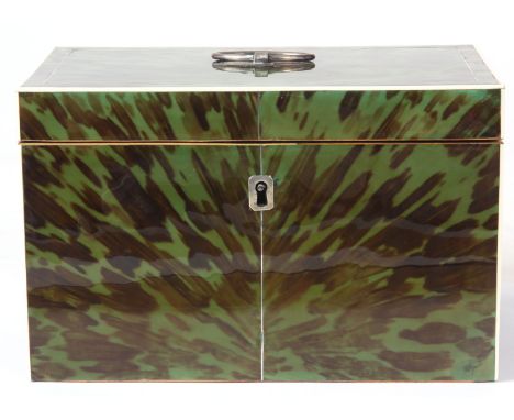 AN EARLY 19TH CENTURY RECTANGULAR SILVER AND IVORY STRUNG GREEN TORTOISESHELL TEA CADDY with hinged top mounted with silvered