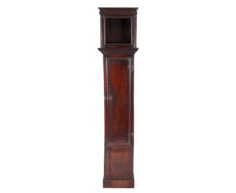 A LATE 17th CENTURY PROVINCIAL ELM LONGCASE CLOCK CASE with moulded pediment above hinged square door with a 10" opening and&