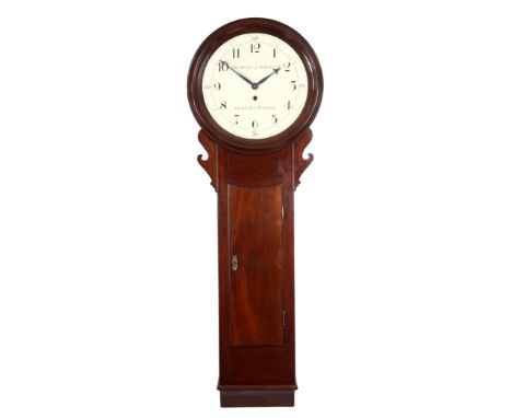 DESBOIS &amp; WHEELER, GRAYS INN PASSAGE. A GEORGE III MAHOGANY TRUNK DIAL WALL CLOCK/TAVERN CLOCK with moulded surround abov