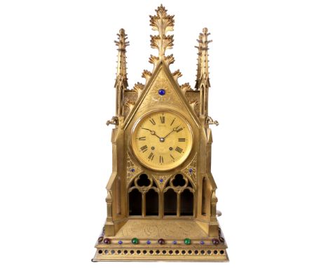 A GIANT SIZED LATE 19th CENTURY FRENCH QUARTER CHIMING GILT BRASS CATHEDRAL STYLE BRACKET CLOCK retailed by Hall & Co. Manche