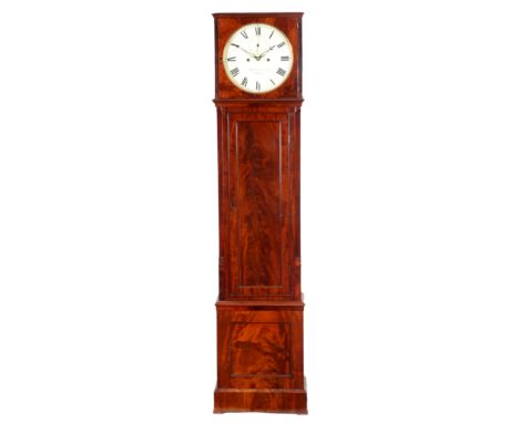 MOLYNEUX &amp; SONS, LONDON. AN EARLY 19th CENTURY FLAMED MAHOGANY LONGCASE CLOCK OF SMALL SIZE the flat top hood with full f