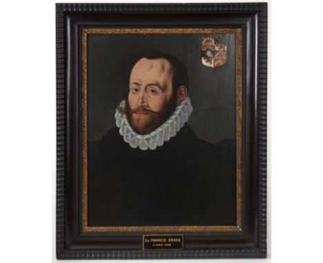 17TH CENTURY ENGLISH SCHOOL - OIL ON OAK PANEL bust portrait of Sir France Drake with coat of arms above to the right 50cm by