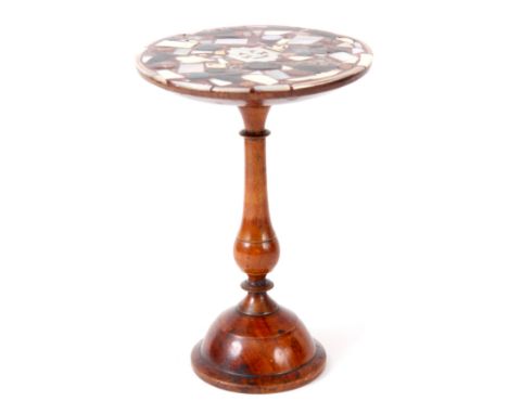 AN UNUSUAL LATE 19TH CENTURY MOTHER OF PEARL AND SPECIMEN INLAID MINIATURE TABLE stamped Gillows Lancaster on a ringed balust