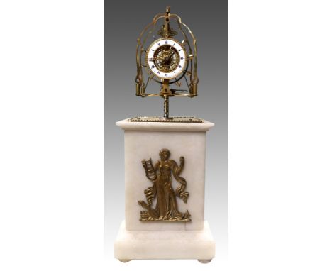 A VERY RARE EARLY 19th CENTURY PROTOTYPE FRENCH SKELETON MYSTERY CLOCK with skeletonised porcelain Roman dial with gilt hands