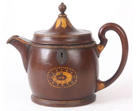 AN UNUSUAL EARLY 20TH CENTURY STYLE PAINTED TEA CADDY IN THE SHAPE OF A TEAPOT of bulbous cylindrical form with shaped handle