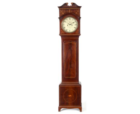 Mc.MASTER & SON, DUBLIN, AN EARLY 19TH CENTURY INLAID MAHOGANY 8-DAY LONGCASE CLOCK with 12" painted dial with Roman numerals