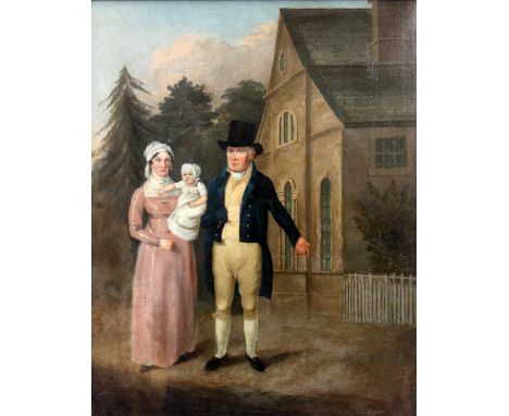 AN EARLY 19TH CENTURY OIL ON CANVAS portrait of the Ryles family in front of a newly built house 53cm by 43cm - in Burr Maple