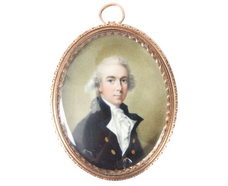 A FINE 19TH CENTURY GOLD METAL&nbsp;OVAL PORTRAIT OF A YOUNG GENTLEMAN mounted in a moulded frame, painted on ivory with a pl