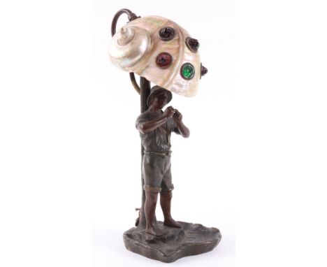 AN EARLY 20TH CENTURY PATINATED SPELTER FIGURAL TABLE LAMP formed as a young boy stood on a naturalistic base with tree trunk