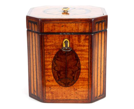 A FINE LATE 18TH CENTURY OCTAGONAL&nbsp;INLAID FIGURED SATINWOOD&nbsp;TEA CADDY with fan inlaid top above&nbsp;simulated reed