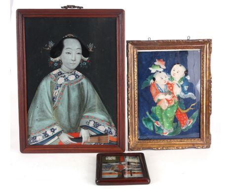 THREE LATE 19TH CENTURY CHINESE PAINTINGS ON GLASS PANELS depicting a young female portrait and others - in wooden moulded fr
