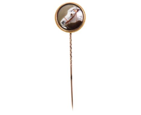 A LATE 19TH CENTURY GOLD MOUNTED CIRCULAR TIE PIN with a finely painted enamel portrait of a HORSE inscribed on the reserve W