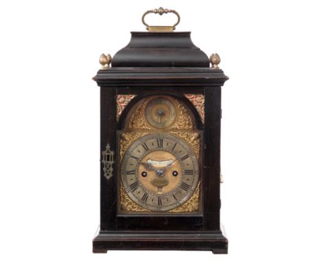 GEORGE WENTWORTH, OXON. AN EARLY 18th CENTURY EBONISED BRACKET CLOCK with inverted bell top style case with folding brass han