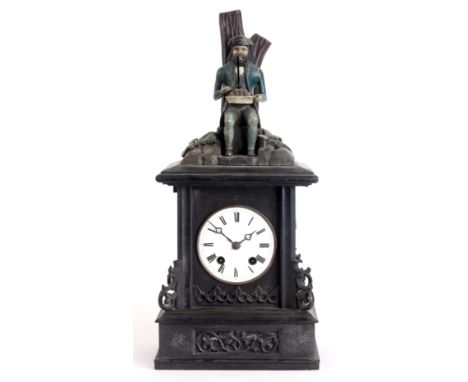 A VERY RARE 19th CENTURY BLACK FOREST AUTOMATION MANTEL CLOCK with wooden carved and painted figure of a French soldier sat o