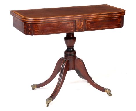 A REGENCY SATINWOOD AND ROSEWOOD CROSS-BANDED MAHOGANY IRISH FOLD OVER CARD TABLE with hinged top revealing a baize interior 