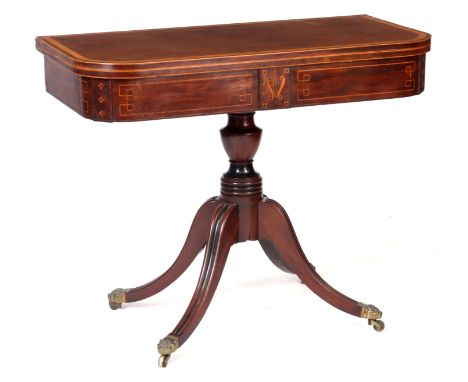 A REGENCY SATINWOOD AND ROSEWOOD CROSS-BANDED MAHOGANY IRISH FOLD OVER CARD TABLE with hinged top revealing a baize interior 