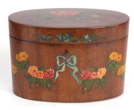 A LATE 18TH CENTURY PAINTED MAHOGANY OVAL TEA CADDY with flower and ribbon decoration, the hinged top revealing a paper-lined