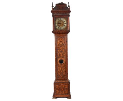 CHARLES GRETTON, LONDON. A FINE ARABESQUE SEAWEED MARQUETRY MONTH GOING WALNUT LONGCASE CLOCK the caddy top above glazed door