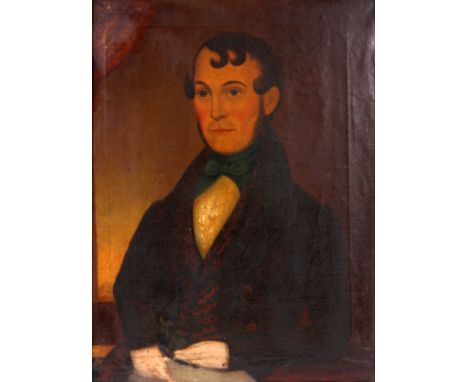 OIL ON CANVAS A 19TH CENTURY PORTRAIT OF A GENTLEMAN possibly American, naively painted and holding a herb in his left hand. 