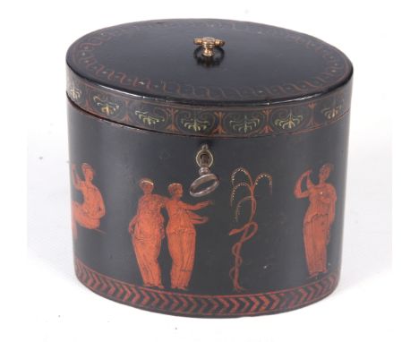 AN EARLY 19TH CENTURY OVAL REGENCY PAINTED TEA CADDY decorated with Classical figures and Fleur-de-Lis border. The hinged top