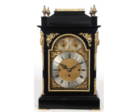 A LATE 19th CENTURY EBONISED EIGHT BELL QUARTER CHIMING BRACKET CLOCK the case with inverted bell top ormolu gallery and four