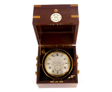 DENT, LONDON. A LATE 19th CENTURY TWO DAY MARINE CHRONOMETER the brass gimballed case enclosing a 9.5cm silvered engraved cas