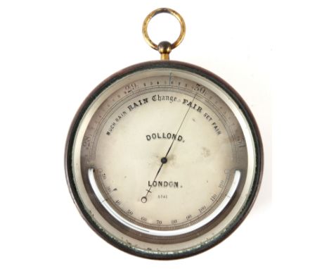 DOLLOND, LONDON. A LATE 19th CENTURY BRASS CASED ANEROID BAROMETER with drum shaped case enclosing a 4" silvered engraved cal