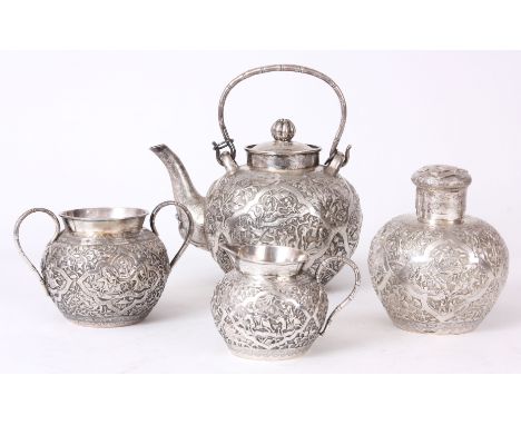 A 19th CENTURY SILVER CHINESE FOUR PIECE TEA SET comprising of a teapot, sugar bowl, cream jug and tea caddy all of bulbous f