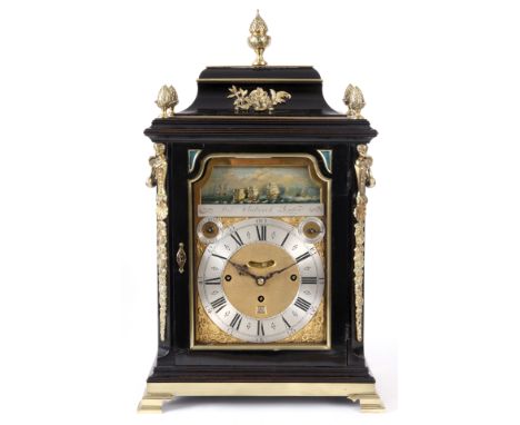 ROBERT FLEETWOOD, LONDON. A GEORGE III EBONISED QUARTER CHIMING AUTOMATON BRACKET CLOCK the bell top case with brass pineappl