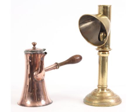A GEORGIAN COPPER COFFEE POT OF SMALL SIZE having a tapering seamed body with flared foot, hinged lid and turned wood handle 