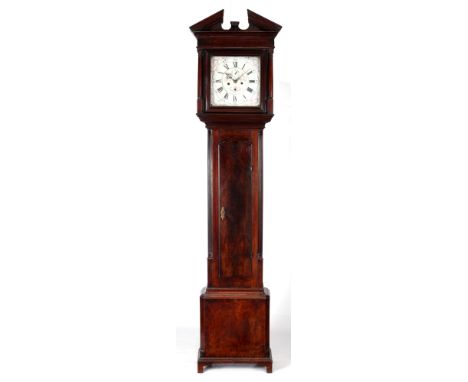 A GEORGE III MAHOGANY LONGCASE CLOCK WITH RARE BATTERSEA ENAMEL DIAL the flamed mahogany case with architectural pediment abo