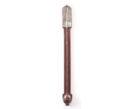 DUNN LEITH,  A GEORGE III SCOTTISH MAHOGANY SILVERED DIAL STICK BAROMETER with an arched engraved dial, calibrated scale and 