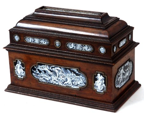 AN 18TH CENTURY CONTINENTAL FRUITWOOD TABLE CASKET/JEWELLERY BOX DECORATED WITH LIMOGES PANELS having hinged caddy top with s