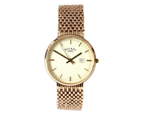 A GENTLEMAN'S 9ct YELLOW GOLD ROTARY WRIST WATCH on 9ct gold bracelet with champagne dial having baton markers and calendar f