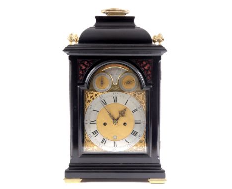 WILLIAM ADCOCK, LONDON, A MID 18th CENTURY EBONISED BRACKET CLOCK the inverted bell top case with applied mouldings to the fr