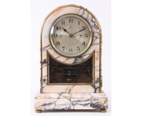 AN GOOD QUALITY EARLY 20th CENTURY BULLE ELECTRIC MANTEL CLOCK with veined marble arch top case with front opening door with 