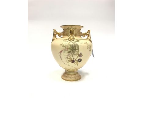 ROYAL WORCESTER TWIN-HANDLED VASE, of footed bulbous form, hand painted with flowers on a blush ivory ground, circa 1893, sha