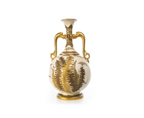 ROYAL WORCESTER TWIN HANDLED VASE, of footed oviform with trumpet neck, twin scroll handles, decorated with gilt foliage, pri