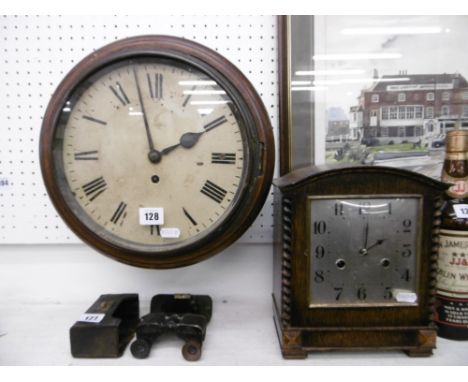 A 1920S/30'S OAK STRIKING MANTLE CLOCK AND 19TH CENTURY MAHOGANY FUSEE MOVEMENT WALL CLOCK A/F