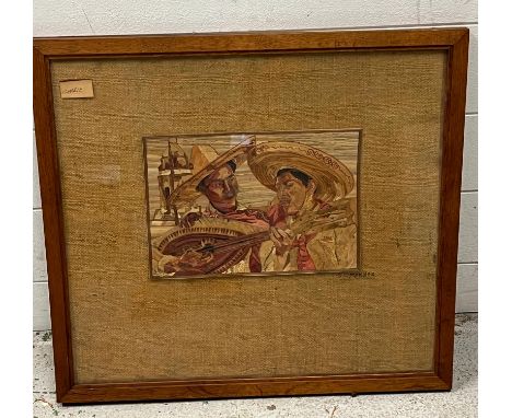 A wooden and textiles signed picture of a Mexican theme 55cm x 50cm 