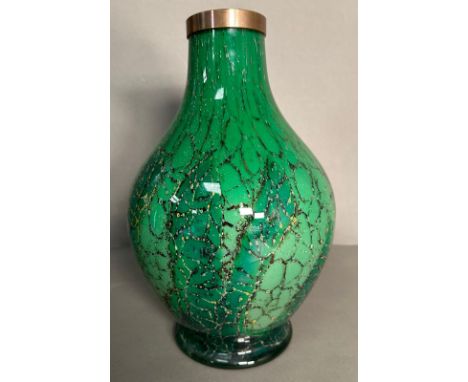 A 1930's WMF Ikora glass lamp base in green, black and flecked gilt H65cm 