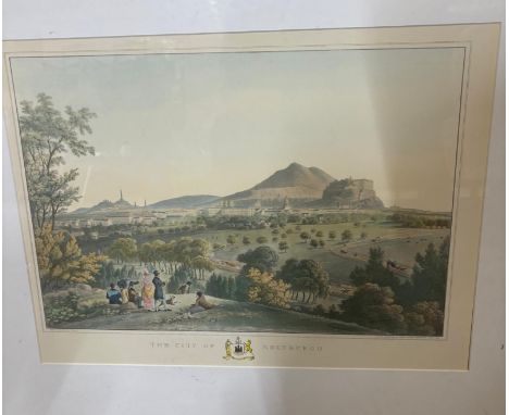 A hand coloured lithograph of Edinburgh dated 1824 by L Clark and a water colour of The Princes Street Gardens 
