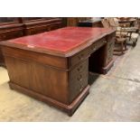 An early 20th century mahogany pedestal partner's desk, width 180cm, depth 116cm, height 78cm
