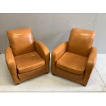 A pair of tan leather club armchairs width 76cm, depth 77cm, height 78cm.