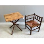 A late Victorian beech bobbin turned corner chair together with a bobbin turned occasional table
