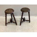 A pair of late Victorian carved and turned oak stools, height 48cm