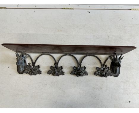 A Black Forest style mahogany and cast metal deer and acorn leaf hanging coat rack, width 97cm, depth 22cm, height 20cm A lar