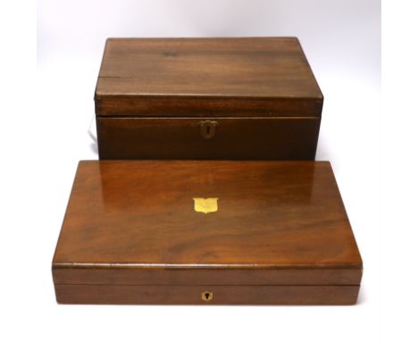Two mahogany boxes of gun tools, including; bullet moulds, files, a vice, musket balls, etc.
