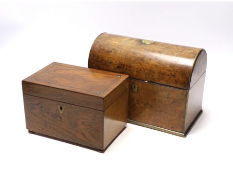 A Victorian burr walnut brass inlaid domed topped tea caddy with domed top interior and a brass inlaid rosewood tea caddy, la