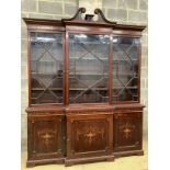 A Sheraton Revival mahogany and marquetry inlaid breakfront library bookcase, width 205cm, depth